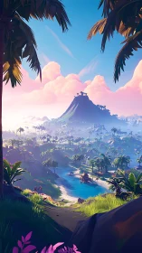 Stylized landscape vista displaying mountain terrain with tropical vegetation framing