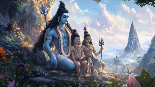 Hindu deities sit riverside with child and temple distant