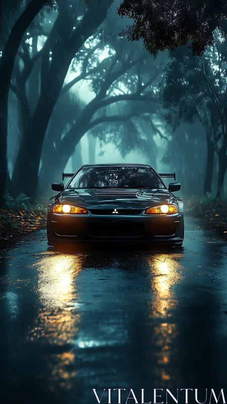 Sporty car glowing on a misty forest road at twilight.
