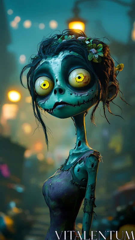 Big-eyed stylized zombie girl under teal bokeh streetlights.