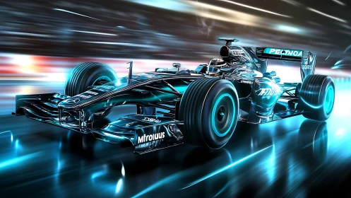 Futuristic Formula race car blasting through neon circuit.