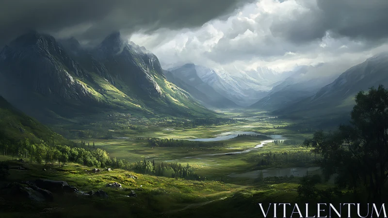 Stormlit alpine valley with braided river and steep granite walls