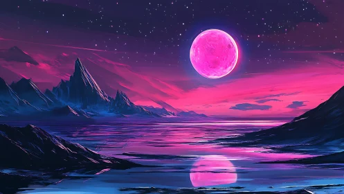Neon magenta moon illuminates alien seascape in digital painting