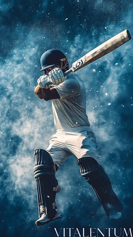 Cricket batsman mid-air swing amid dramatic dust burst.