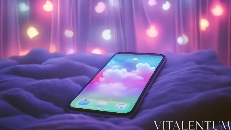 Smartphone floating in neon-lit purple dreamscape.