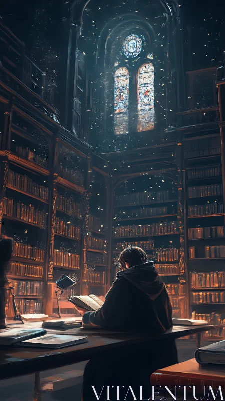 Quiet scholar reading beneath glowing stained glass light.