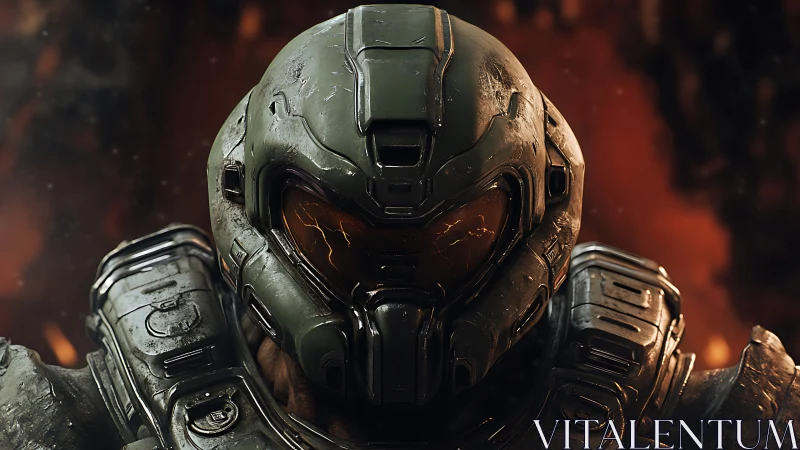 Battle-scarred power armor helmet close-up with molten visor glow