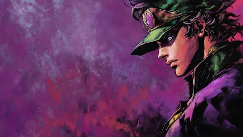 Moody anime wanderer against stormy violet skies.