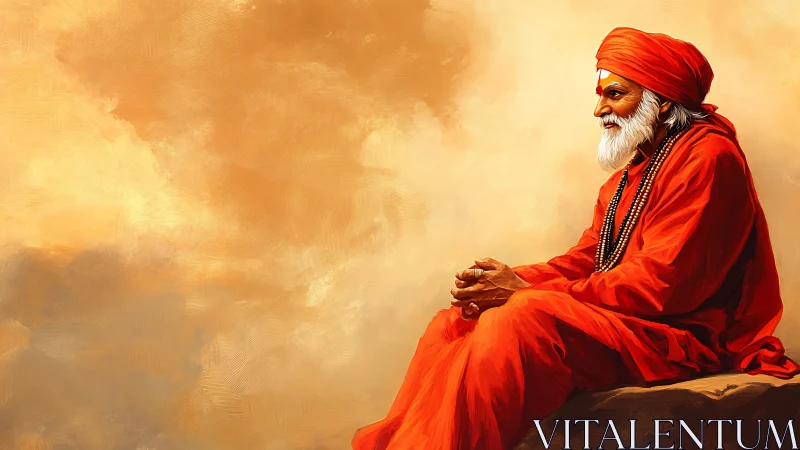 Meditative sage in saffron robes against golden sky.