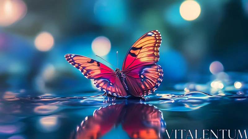 Vibrant monarch butterfly glows above neon rippling water.