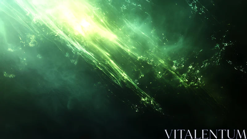Abstract green energy burst with glowing light streaks digital art.