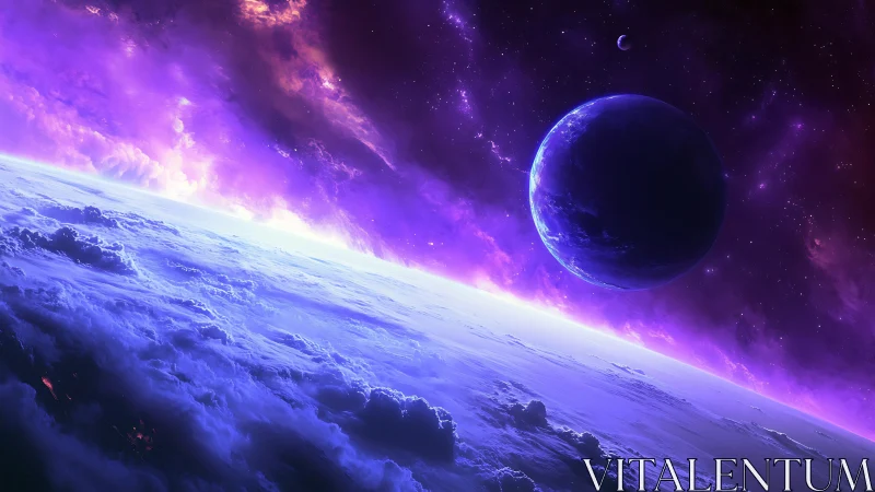 Oblique exoplanet horizon renders luminous violet nebula