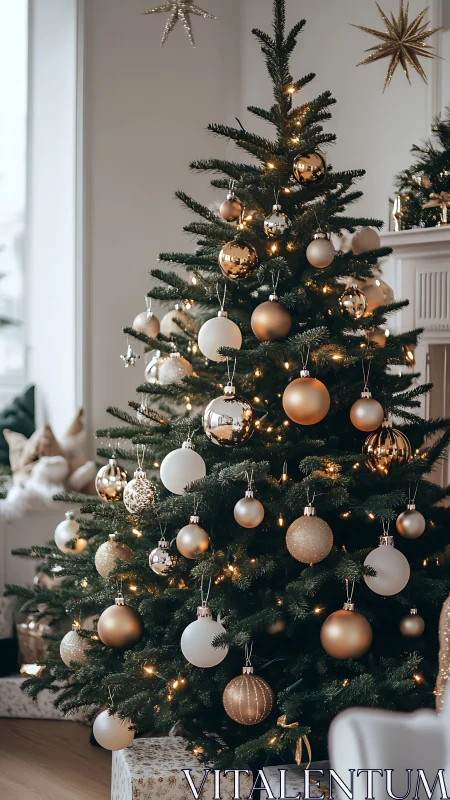 Golden baubles shimmer on a cozy, candlelit Christmas tree.