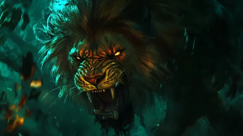 Fierce glowing-eyed lion roaring through emerald shadows.