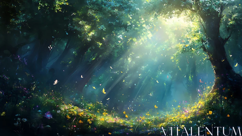Luminous Forest Clearing with Atmospheric Light Rays and Butterflies.