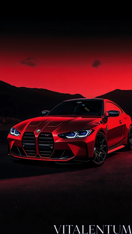 Red performance coupe cuts through high-contrast nocturnal gradient