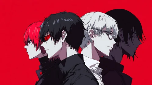 Four stylized anime profiles align against solid red background