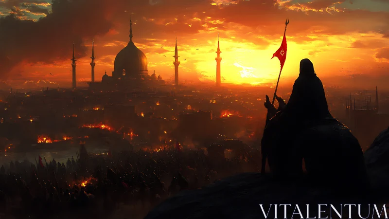 Rider observes burning domed city under dense sunset sky