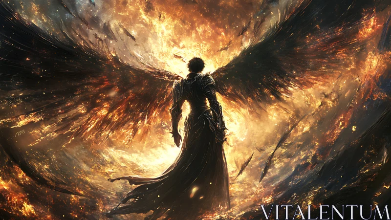 Dark winged figure before vast inferno of swirling light.