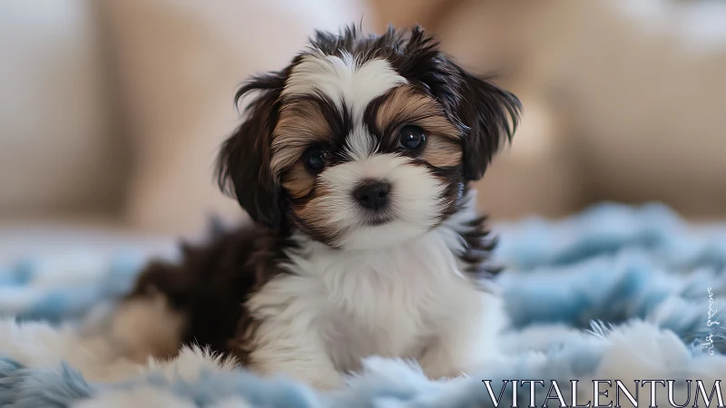 Small fluffy puppy rests on soft blue blanket indoors