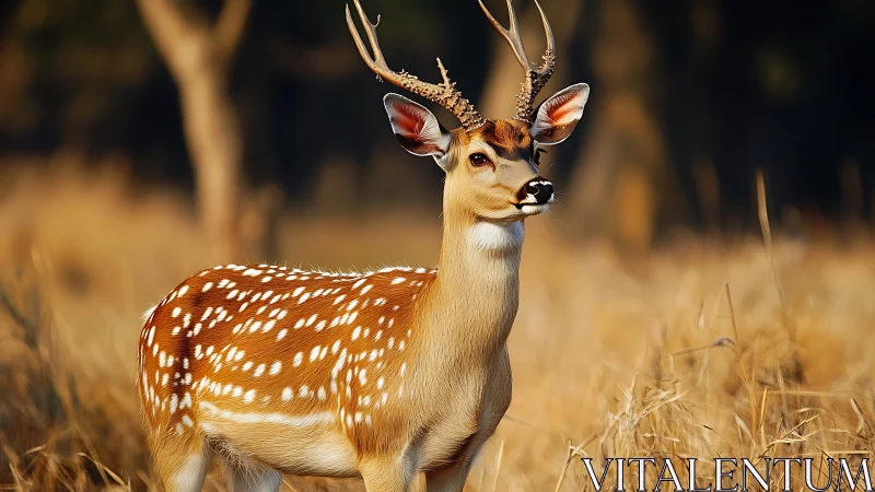 Spotted deer stands alert within golden autumn grassland.