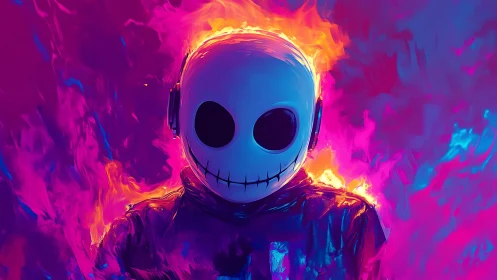 Playful skull-headed burner drifts through neon firestorm.