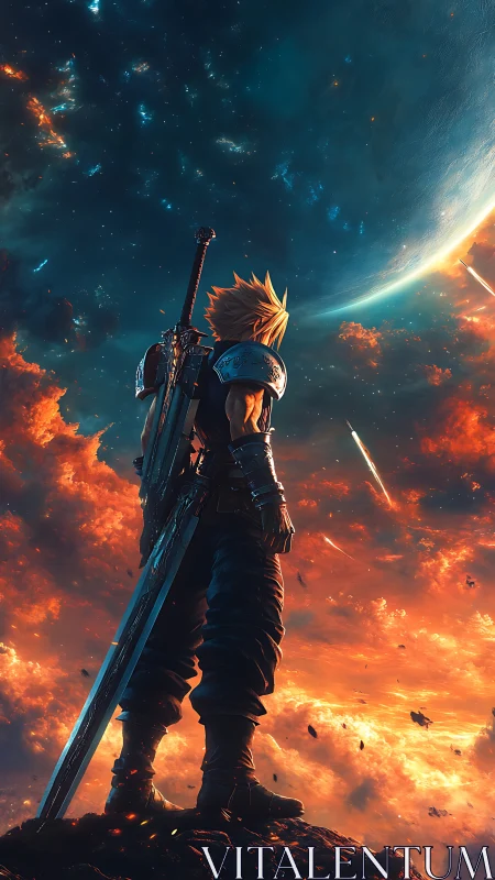 Sword warrior overlooking burning cosmic horizon.