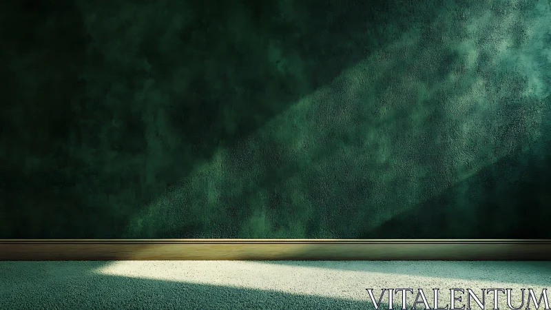 Oblique daylight across textured emerald interior wall plane.