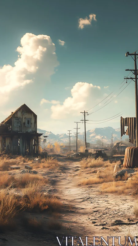 Deserted roadside settlement with utility poles and distant hills