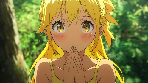 Blonde anime girl with clasped hands in forest setting.