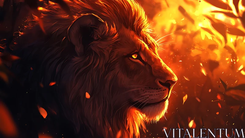 Lion profile rendered in warm orange and red dramatic lighting