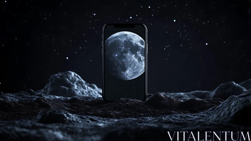 Lunar surface smartphone portal with high-contrast celestial imaging.