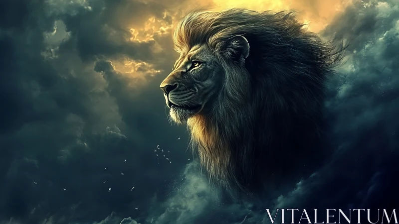 Stormlit sky lion crowned in molten twilight clouds.