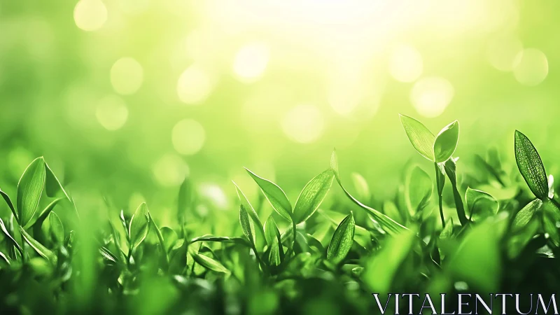 Fresh green seedlings in morning sunlight, nature macro photography.