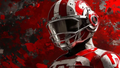 Futuristic armored figure in red and white against abstract red field.