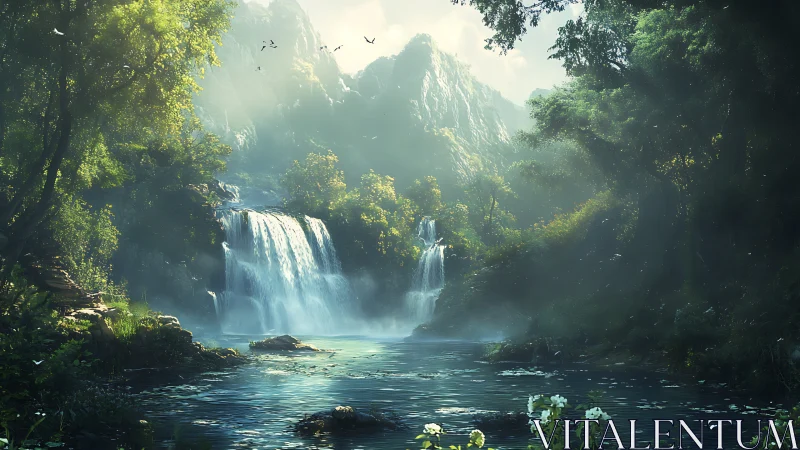 Multi tier forest waterfall in misty backlit mountain gorge