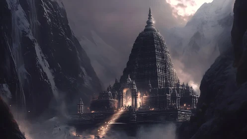 Mountain temple fortress under stormy twilight sky.