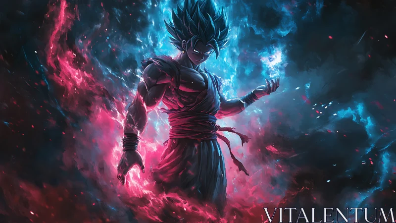 Bicolor energy warrior in turbulent nebular flux field.