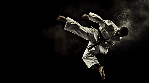 Karate practitioner performing airborne side kick in studio.