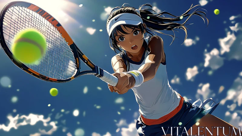 Dynamic low-angle anime render of girl executing tennis return