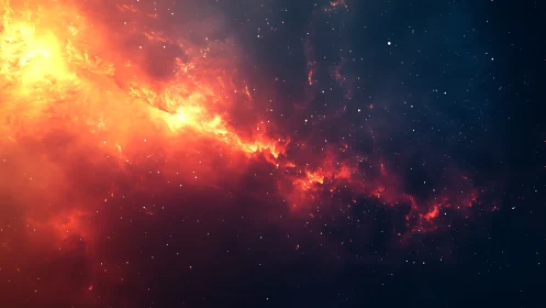 Fiery nebula stream cuts through deep blue cosmic night sky