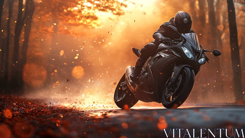 Roaring sport bike leans into a glowing autumn forest curve