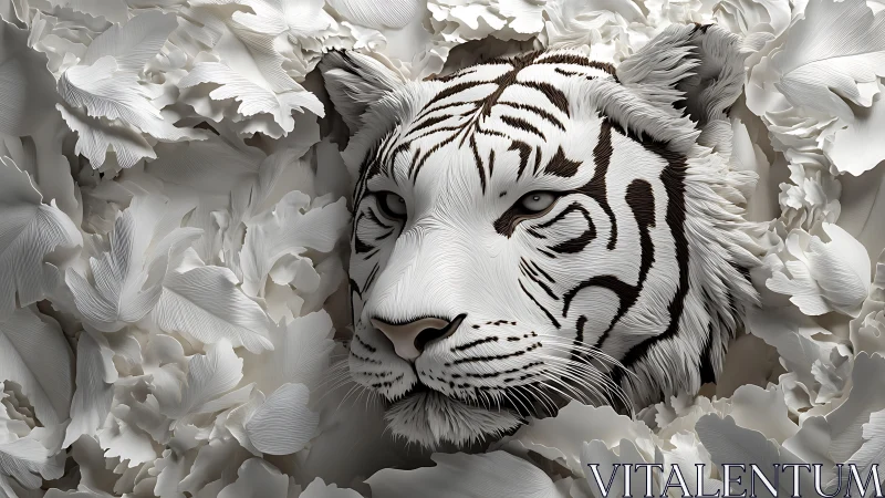 White tiger sculpture emerges through layered paper petals.