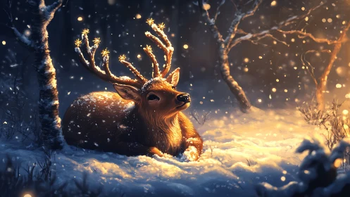 Resting deer in softly lit snowy winter forest scene.