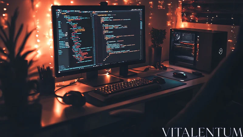 Cozy coding desk glows softly with warm ambient lights