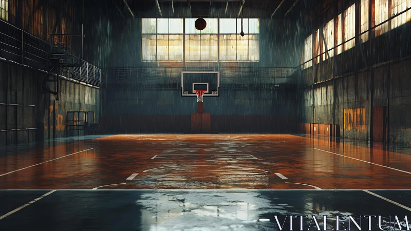 Rain-soaked indoor basketball court under moody skylight.