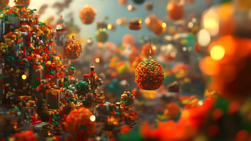 Voxel spheres drift above a glowing pixel metropolis.