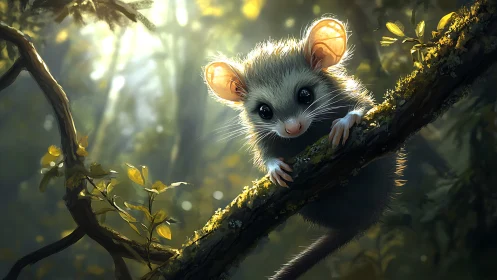 Curious forest mouse illuminated on mossy branch at dawn.