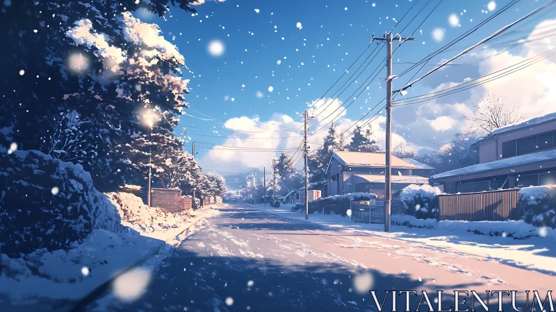 Snowy suburban street glows under crisp winter sun.