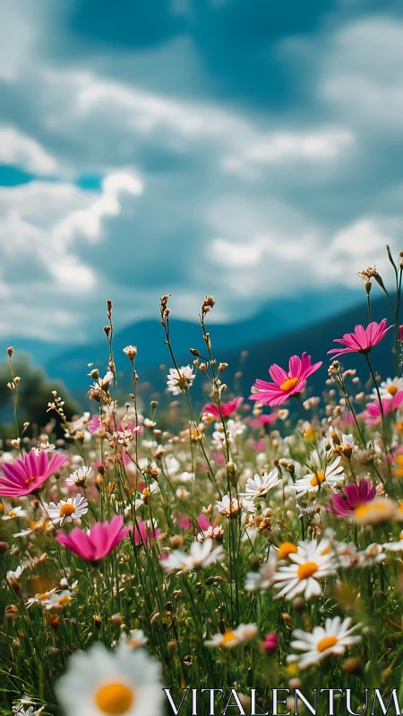 Alpine Wildflower Meadow Under Blue Sky.